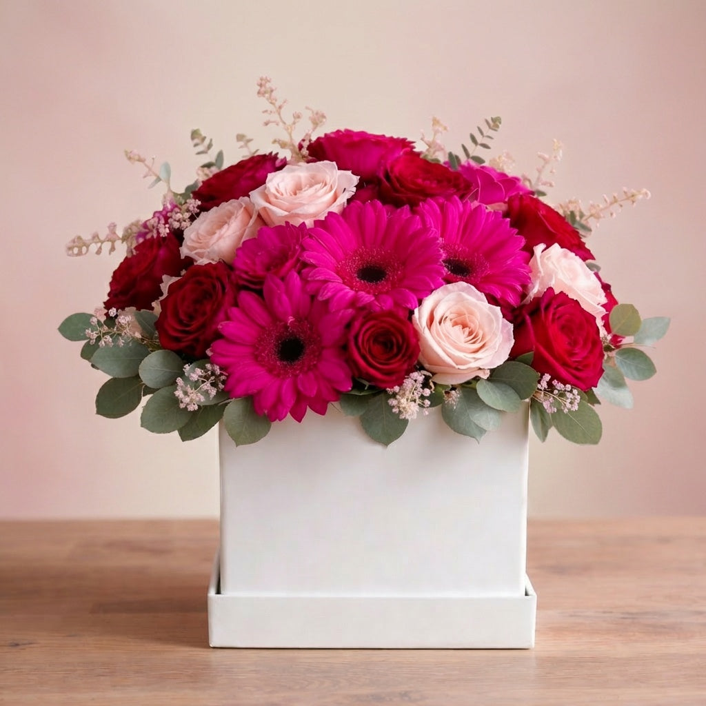 Red rose and pink gerbera box arrangement with romantic flowers