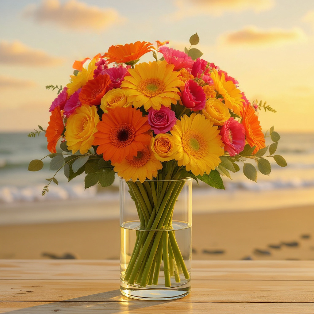 Sunset Radiance – Vibrant Gerbera & Rose Vase Arrangement