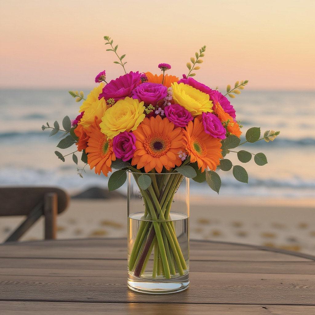 Premium size vibrant flower arrangement with orange roses, yellow gerbera daisies, pink gerbera daisies, and greenery in a clear glass vase photographed by the beach at sunset - Oceanside flower delivery.