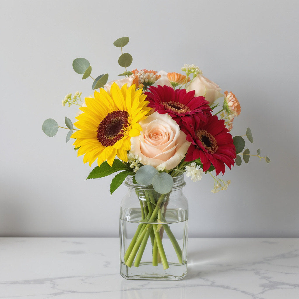 Regular size flower arrangement with a sunflower, peach roses, pink gerberas, and eucalyptus in a clear rectangular glass vase on a marble tabletop - Escondido florist.