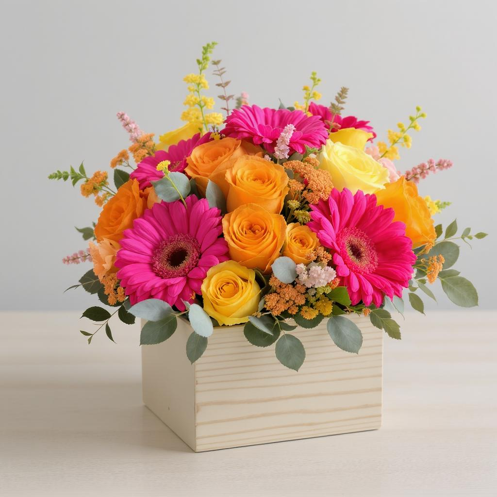 Bright Box Flower Arrangement – Gerbera & Rose Mix