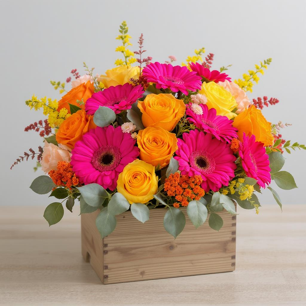 Bright Box Flower Arrangement – Gerbera & Rose Mix