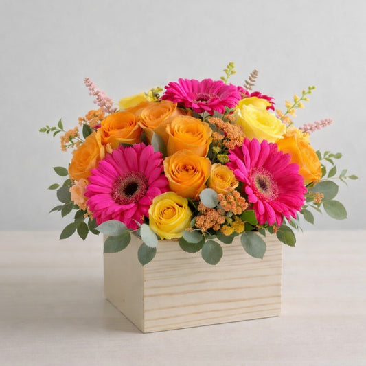 Regular size vibrant rose and gerbera flower arrangement in wooden box – Escondido flower delivery