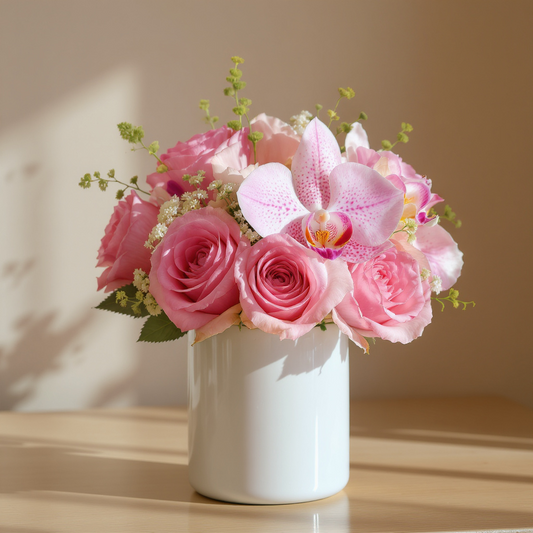 Elegant Pink Orchid & Rose Duo – Vase Arrangement