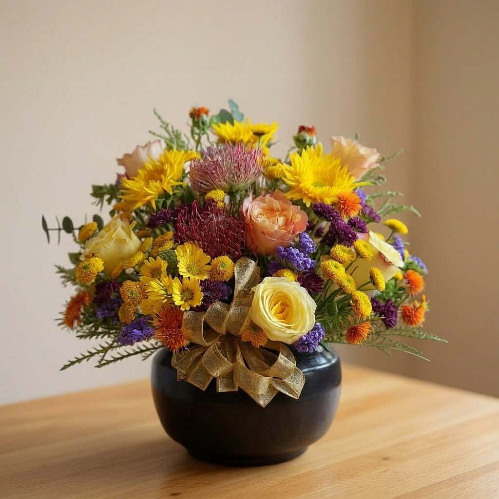 Yellow mixed flower basket with bright colorful blooms
