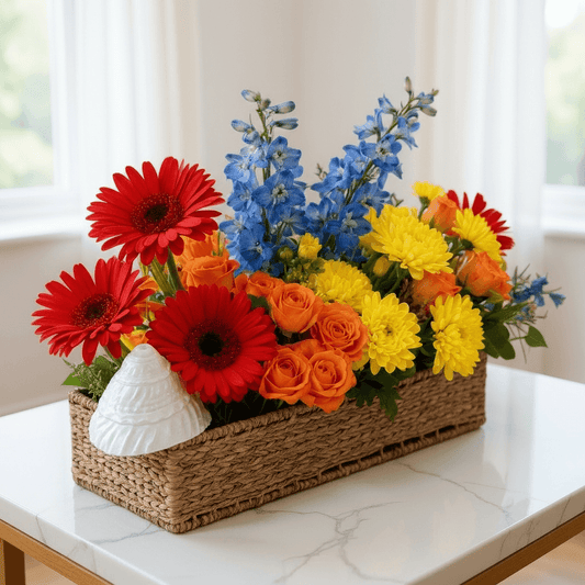 Red orange and yellow flower arrangement with gerbera, roses and turban shell
