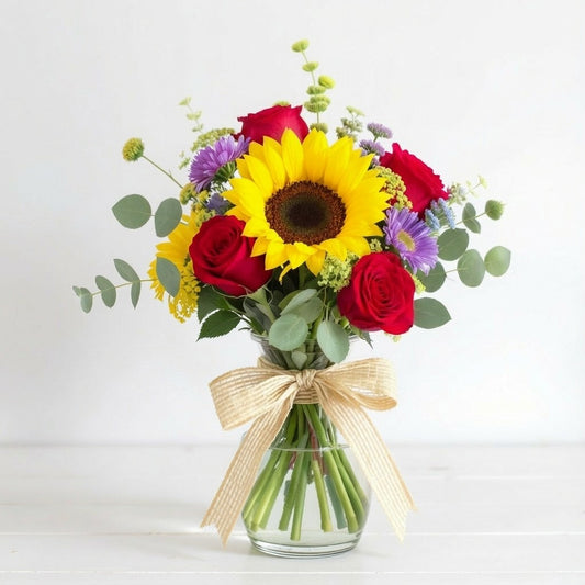 Regular size bright sunflower, red rose, and mixed floral bouquet with eucalyptus in a clear vase tied with a gold ribbon — same-day flower delivery Oceanside.