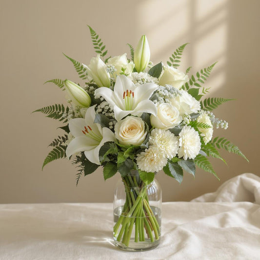 Deluxe size elegant white lily and rose arrangement with fuller blooms and lush greenery in a clear vase — Escondido florist.