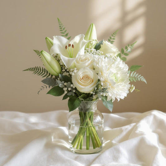 Regular size white lily and rose bouquet with soft greenery in a clear vase — Escondido florist.