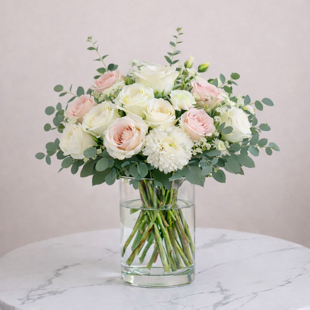 Extra full size white and blush rose bouquet with chrysanthemums and eucalyptus – Vista flower delivery