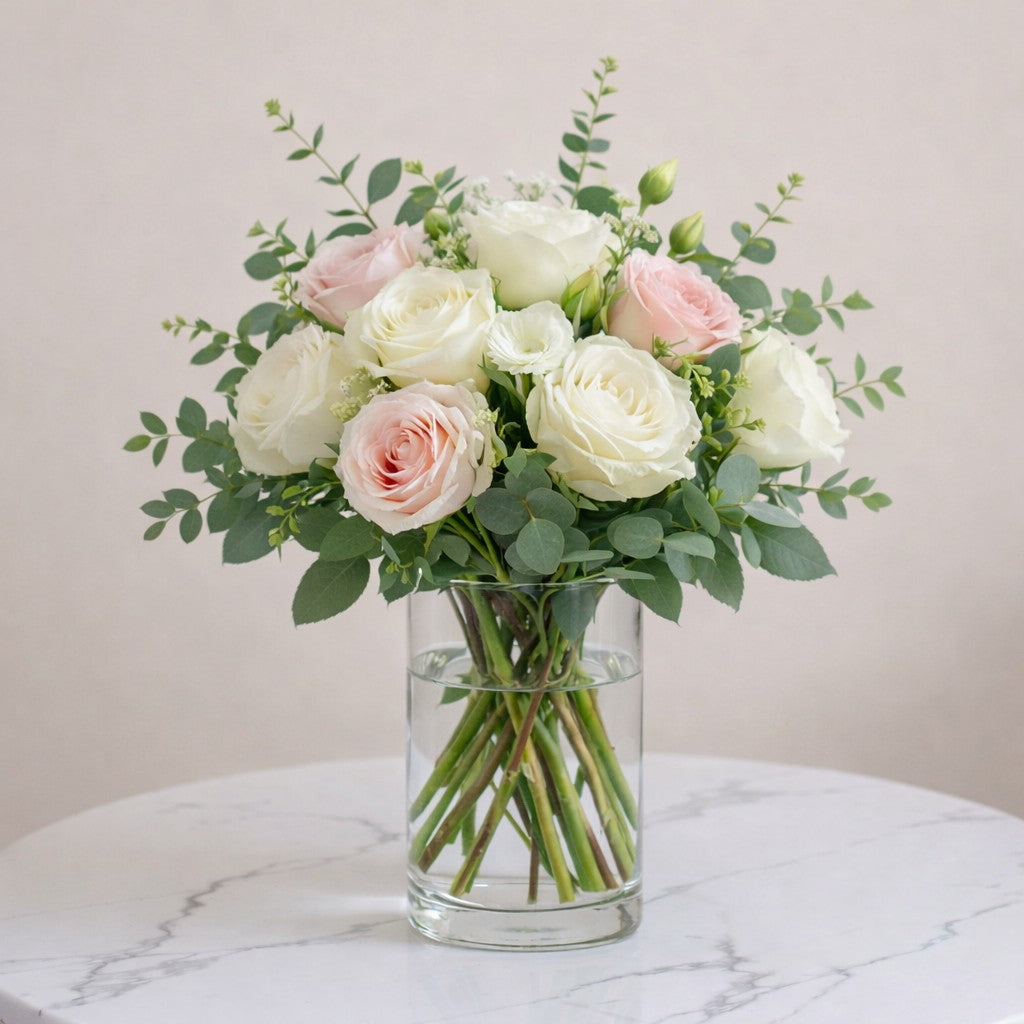 Regular size white and blush rose arrangement with eucalyptus in glass vase – Vista CA flower delivery