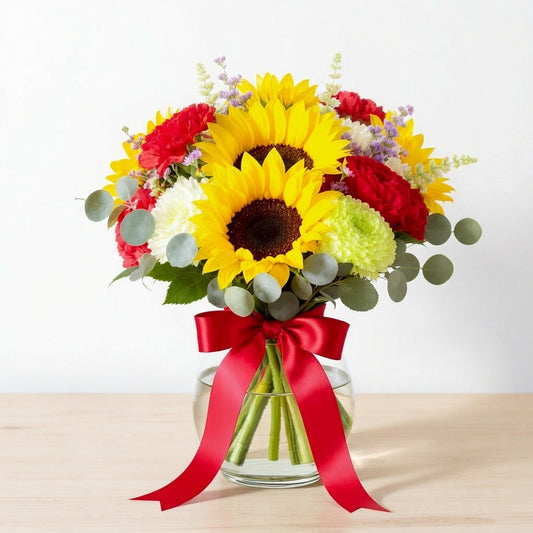 Deluxe size sunflower and red carnation bouquet featuring mixed greenery and a red ribbon in a clear round vase — Vista florist.