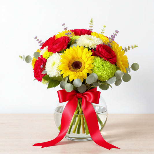 Deluxe size sunflower and red carnation bouquet featuring mixed greenery and a red ribbon in a clear round vase — Vista florist.