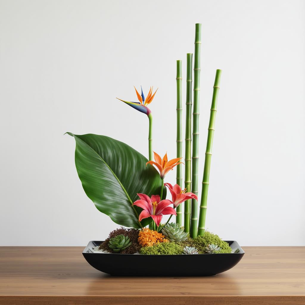 Regular size tropical floral arrangement with bird-of-paradise, bamboo stalks, pink lilies, green moss, and large leaves in a black dish — Vista flower delivery.
