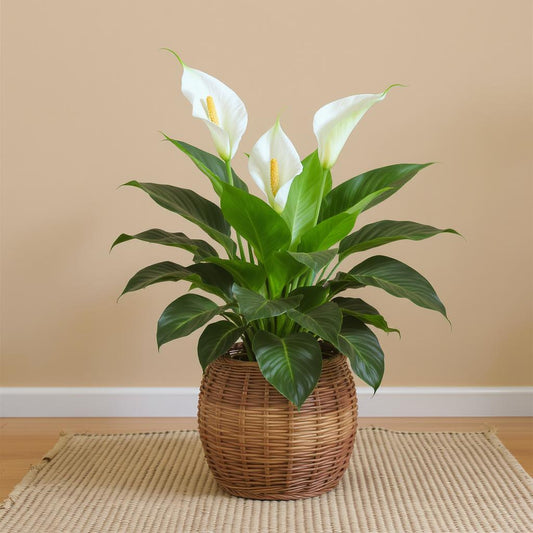 Peace lily plant with large green leaves and white blooms arranged in a woven basket on a neutral rug — Same-day flowers San Marcos.