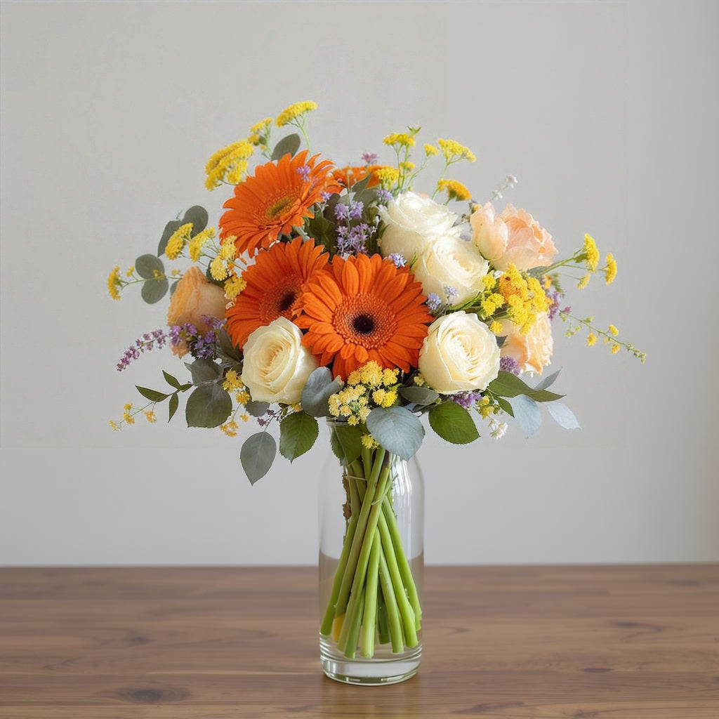 Deluxe size vibrant mixed bouquet featuring orange gerbera daisies, yellow blooms, white roses, and lush greenery in a clear glass vase — North San Diego County florist.