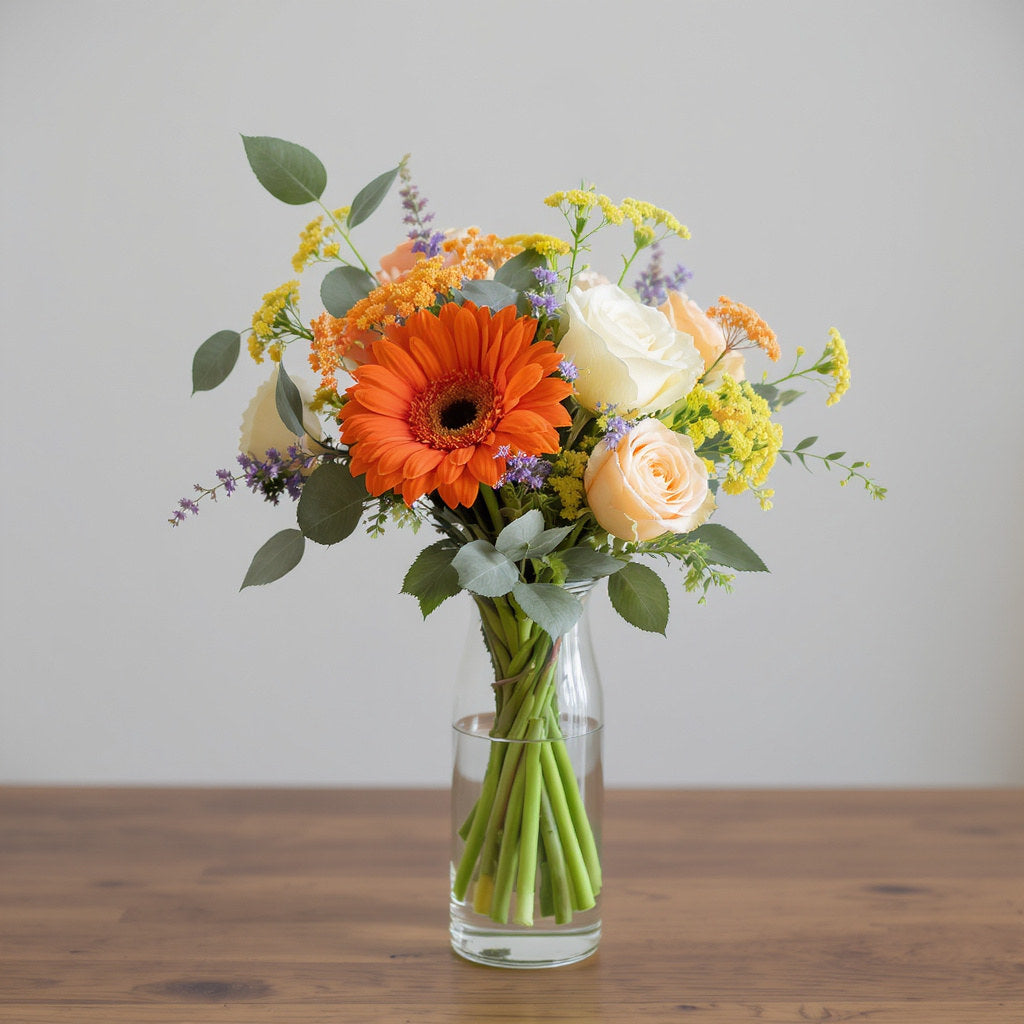 Regular size orange, yellow, and white fresh flower arrangement with gerbera daisies, roses, and mixed greenery in a clear glass vase — North San Diego County florist.