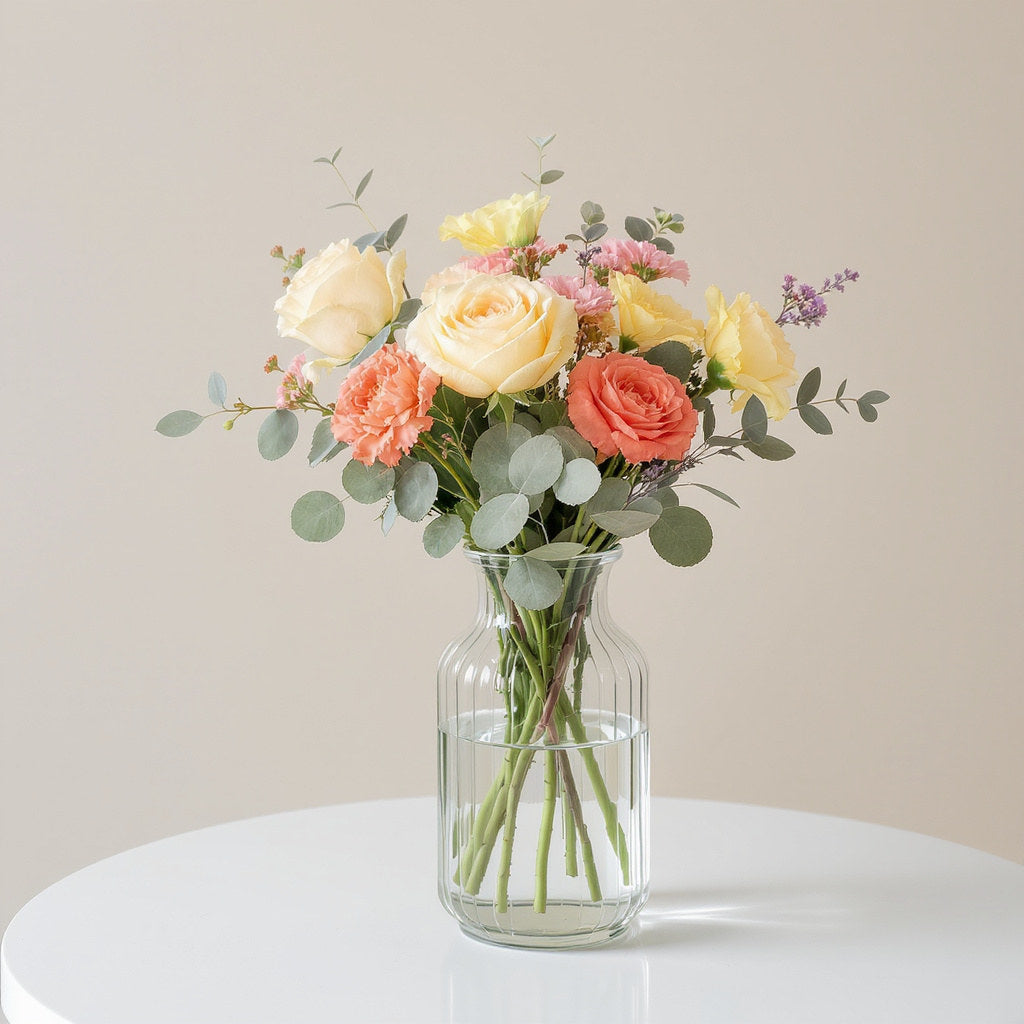 Regular size mixed flower arrangement featuring peach roses, yellow roses, white blooms, and eucalyptus greenery arranged in a clear glass vase on a round white table — Fresh flowers North County San Diego.